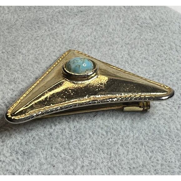 Ugo Correani Vintage Brooch Turquoise Gold Tone Trombone Clasp Made In Italy 2” - Picture 5 of 9